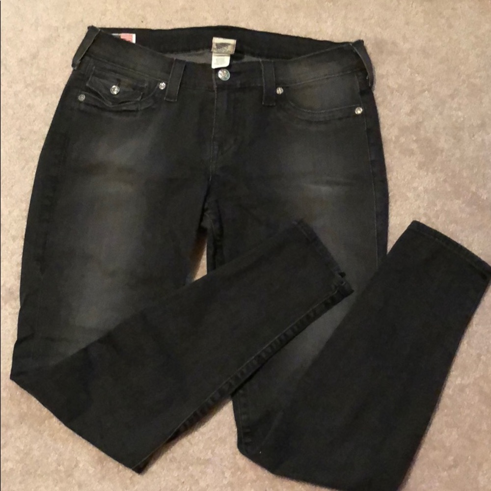 True Religion Faded Black Skinny Jeans with Bling